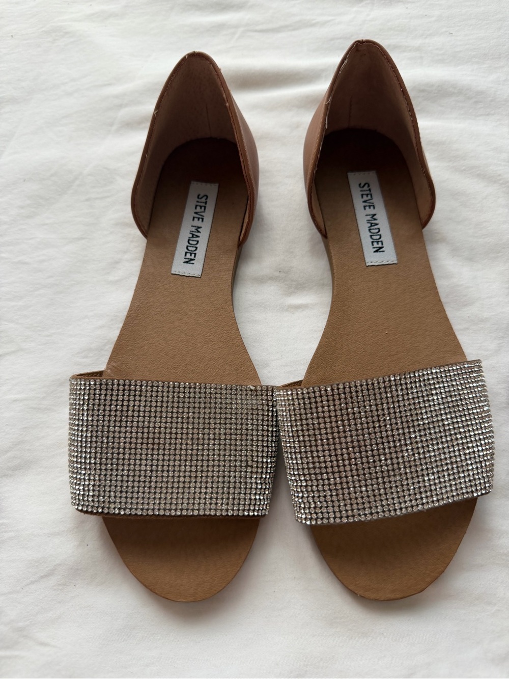 Steve Madden Rhinestone D’Orsay Flat Sandals Tan Silver Size 7